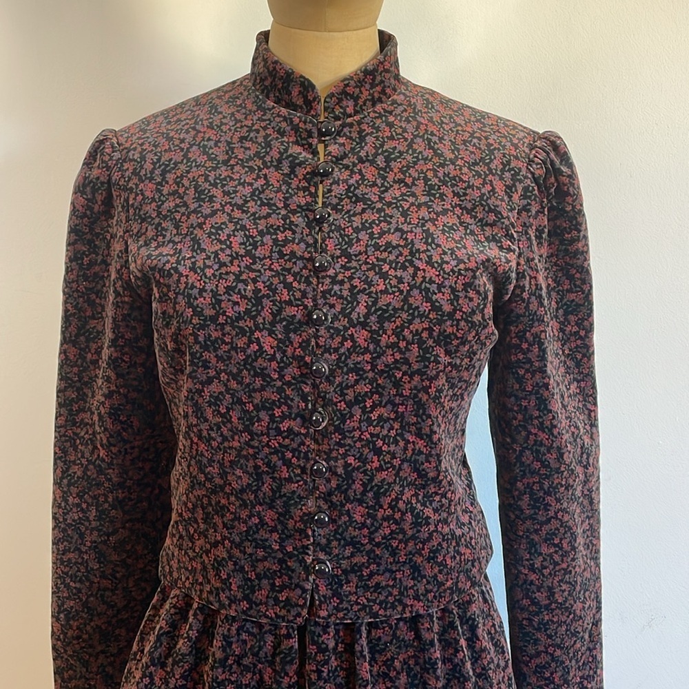 VTG Lanz Velvet Skirt Set Black Micro Floral Jacket Cottage Grandma Feminine - Picture 3 of 16